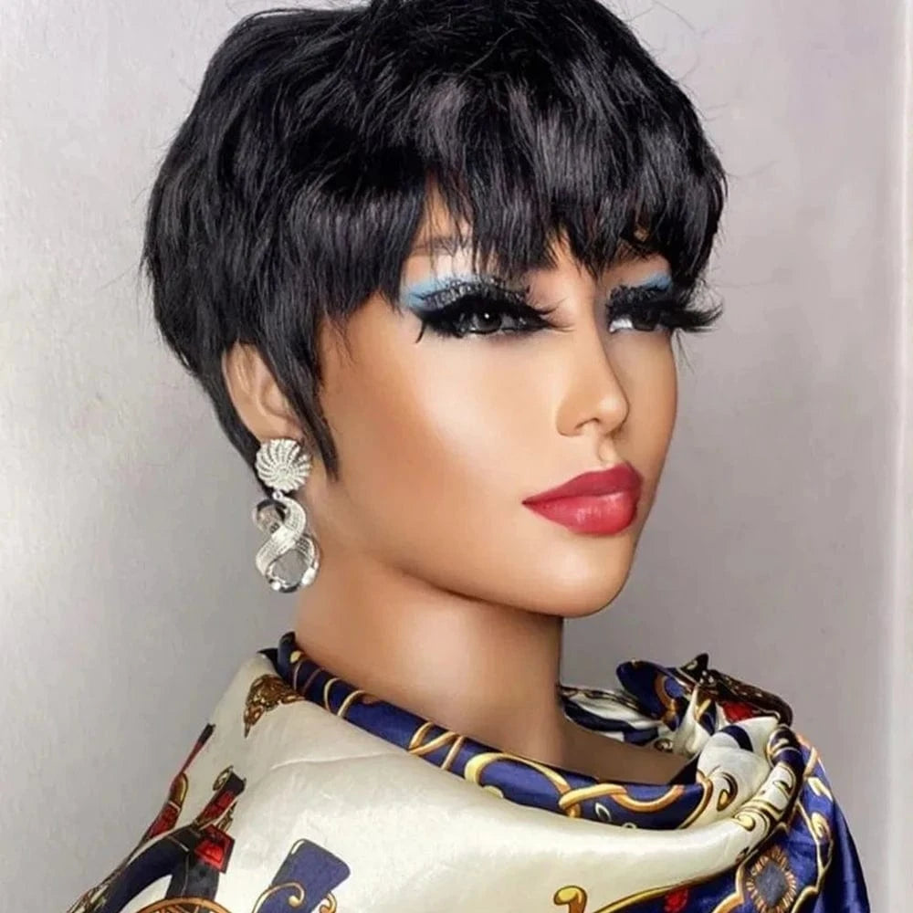 Natural Black / CHINA / 6inches Brown Short Pixie Cut Wig Human Hair For Black Women Machine Made Wigs With Bangs Colored Brazilian Wig Human Hair Wigs