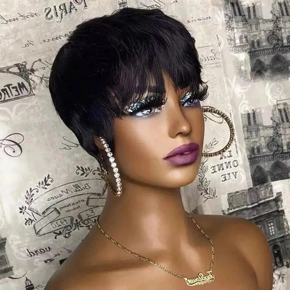 Natural Black / CHINA / 6inches Chocolate Brown Short Pixie Cut Wig Human Hair For Black Women Machine Made Wigs With Bangs Brown Pixi Short Human Hair Wigs