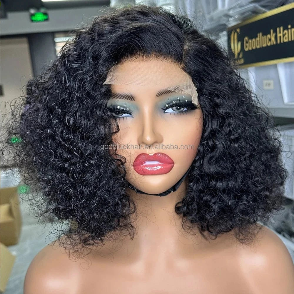 natural black curly bob / 12 Inches Lace Front Curly Bob Wigs Raw Vietnamese Virgin Human Hair Brown Ombre Highlight Bob Loose Wave Glueless Minimalist HD Lace Wig