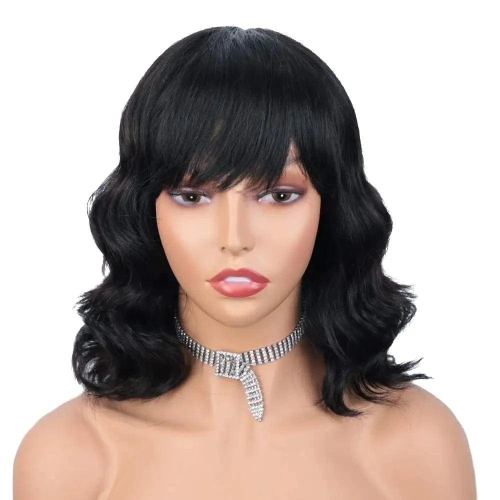 Natural Black / Inquiry us for wholesale price Burgundy Red Wig with Bang, 100% Human Hair Wigs For Black Women, Full Machine Made Lace Front Wigs Short Wavy Human Hair Wig