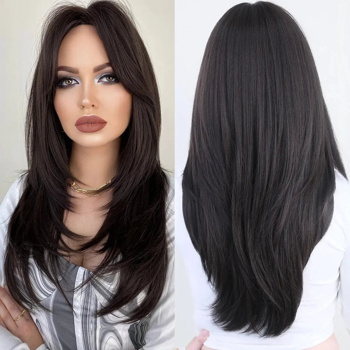 Natural Black Purple Wig for Women Long Straight Wig with Bangs Synthetic Ombre Colored Hair for Cosplay Party 26 Inch Ombre Purple