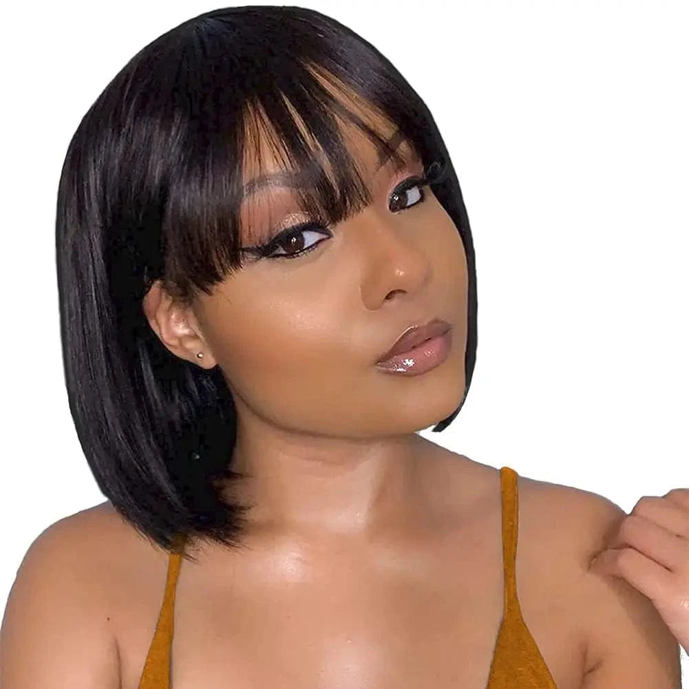 Natural / CHINA / 10inches|150% Human Hair Short Bob Wigs With Bangs Straight Hair Fringe Bob Wig for Women #4 Chocolate Brown #99j Dark Red Full Machine Wigs