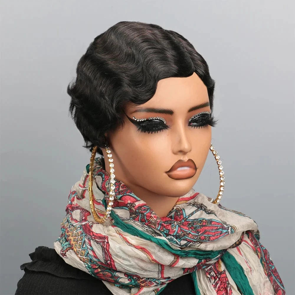 Natural / CHINA / 6inches|1Pcs/Lot 180% Density Glueless Brazilian Ocean Wave Human Hair Wig Burgundy 99J Colored Short Pixie Cut Loose Curly Finger Wave Style