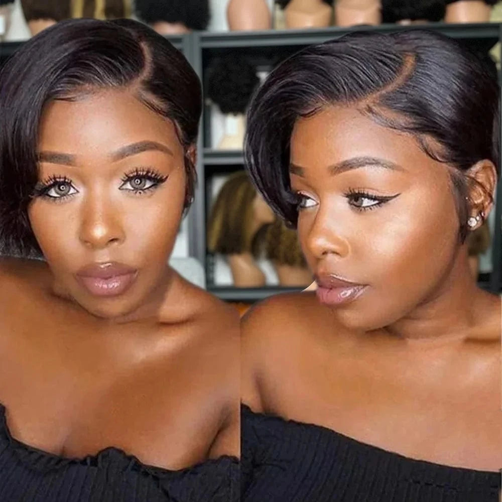 Natural color / 6 Inches Pixie Cut Straight Short Bob Wig T Part Lace Wig Prepluck Brazilian Human Hair Transparent Lace Human Hair Wigs For Women