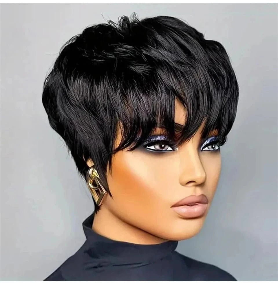 Natural Color / 6inches / 250% Ginger Color Short Peruvian Hair Wig with Bangs Orange Color full machine made Short Pixie Cut Bob Wig 100% Human Hair Wigs