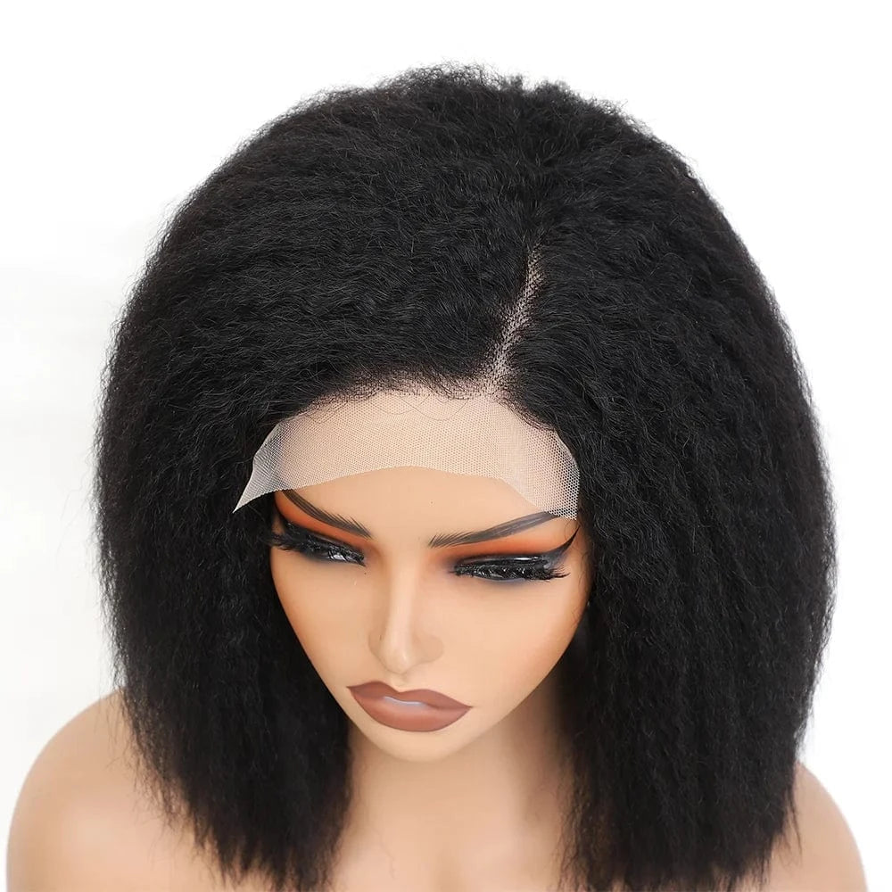 Natural Color / CHINA / 14inches|250%|5X5 Transparent Transparent Kinky Straight Lace Front Wigs Pre Plucked Yaki 5X5 Short Bob Human Hair Wigs For Woman Natural Lace Closure Bob Wig