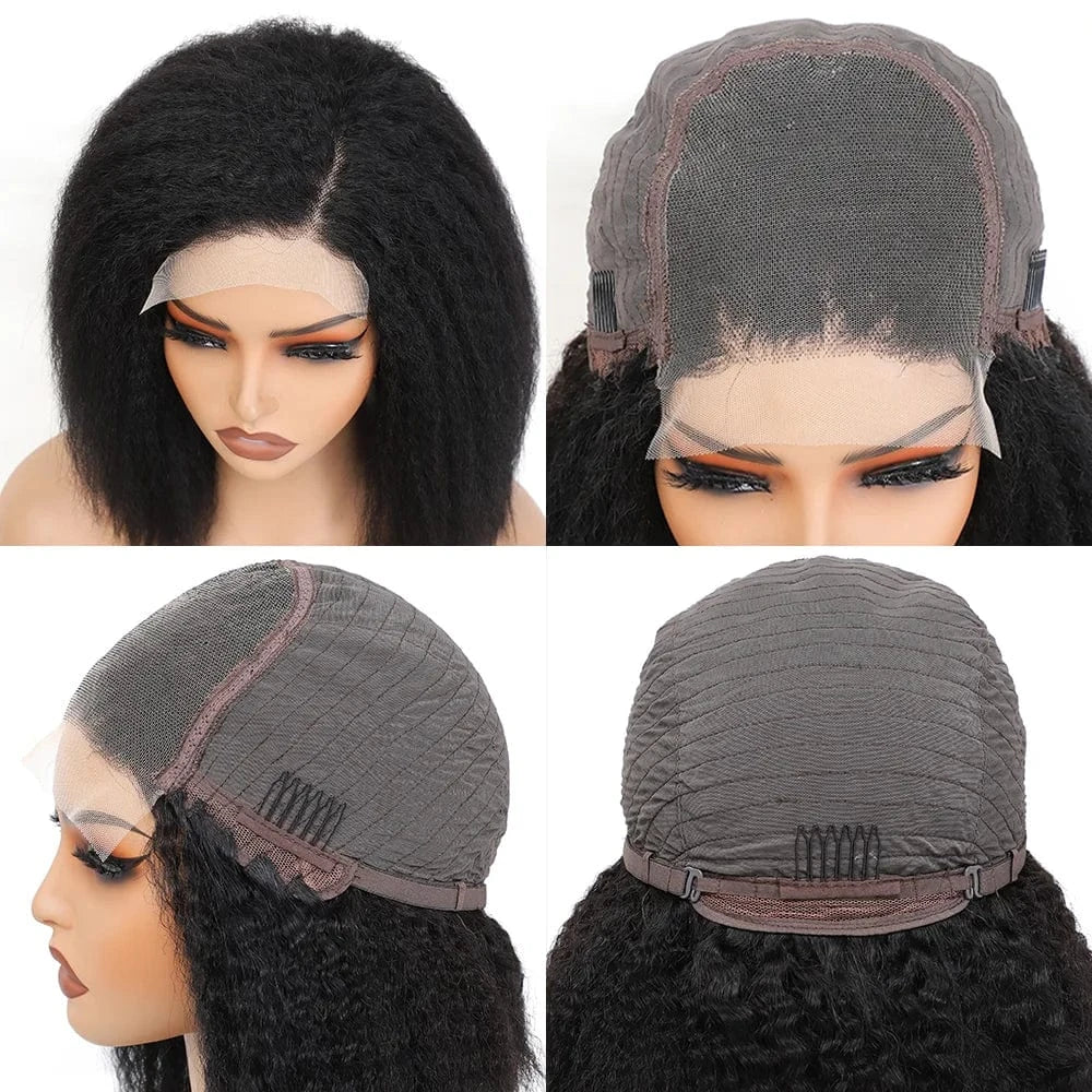 Natural Color / CHINA / 14inches|250%|5X5 Transparent Transparent Kinky Straight Lace Front Wigs Pre Plucked Yaki 5X5 Short Bob Human Hair Wigs For Woman Natural Lace Closure Bob Wig