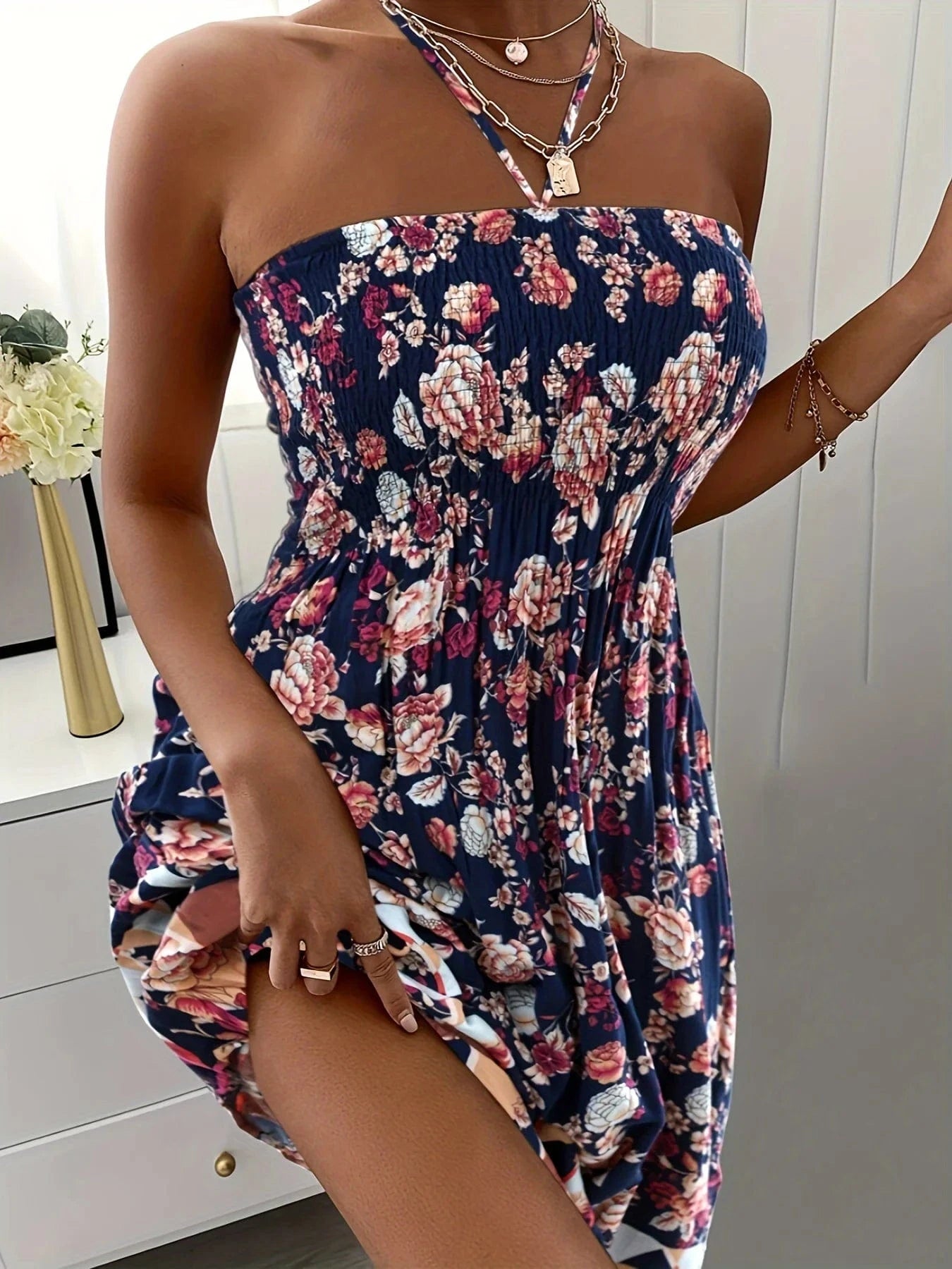 Navy Blue / 3XL Plus Size Women Boho Flower Printed Dress Women's Strap Neck Casual Vacation Dress