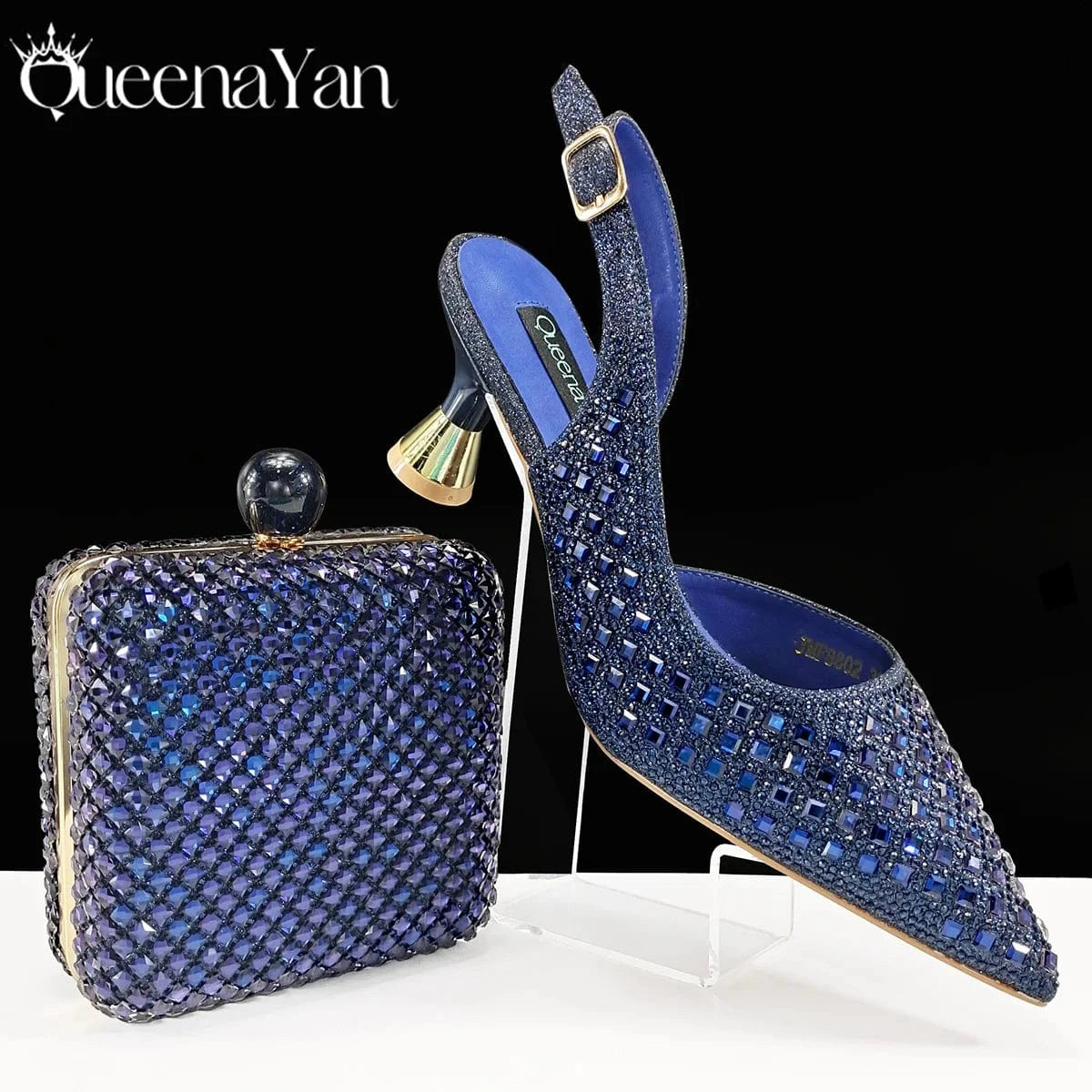 Navy Blue / 43 / CHINA Queena Yan Italian Design Rhinestone Luxury Green Colour Pointed Toe Shoe & Bag Set Women's High Heels for Parties High Quality