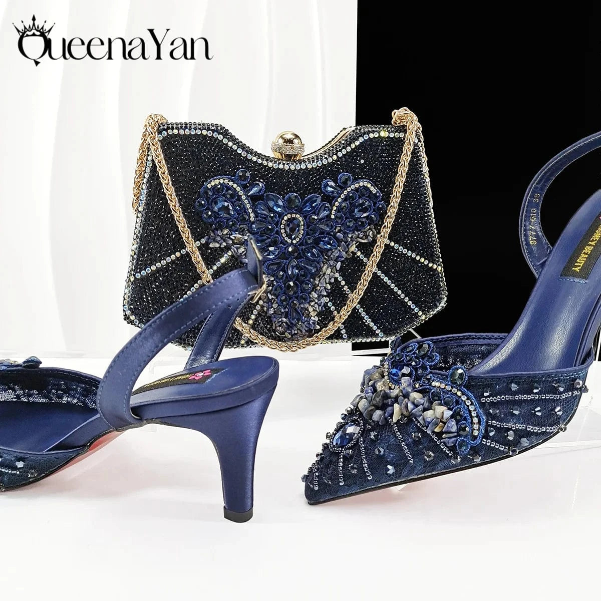Navy blue / 43 / CHINA Queena Yan Women High Heel Party For Purple Color Shoes and Bag Set Rhinestone Handbag Italian Design Wedding INS 2025