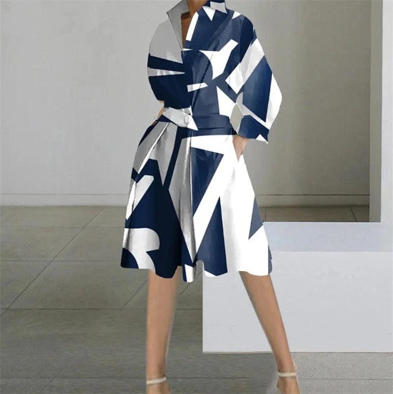 Navy Blue / S Printed Dresses Women Autumn V-neck Long Sleeved Shirts Fashions Office Lady Pockets Commute Dress 2023 New Robe Vestidos Femme
