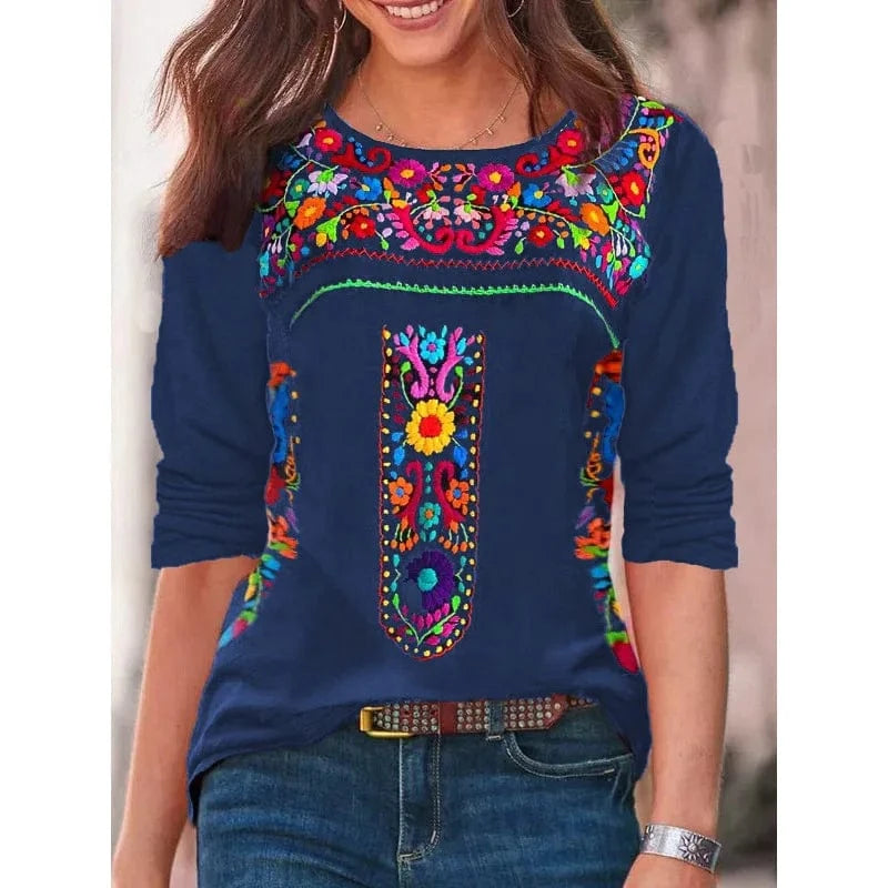 Navy Blue / XL 2024 Europe and the United States spring and summer new women's top Bohemian print V-neck long sleeve T-shirt woman