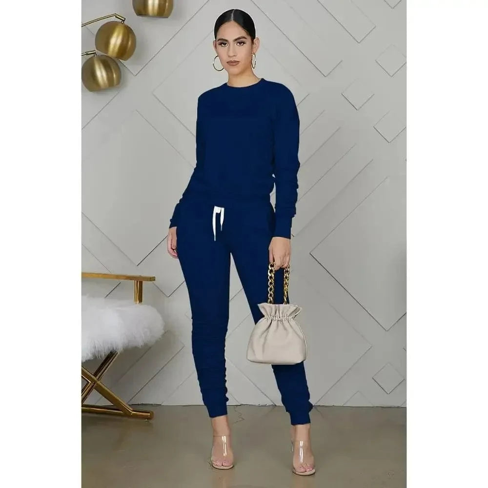 Navy Blue / XXL New round Neck Long Sleeve Slim Fit Warm Top Elastic Waistband Lace-up Trousers Simple Solid Color Sports Two-Piece Set