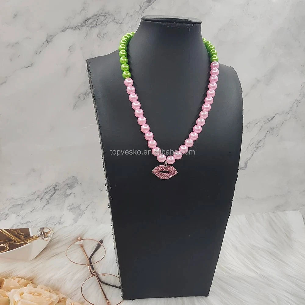 necklace / 01 Hot sale Greek Sorority Pearls Bling Pink Crystal Lip Pendant Necklace Party Fashion Jewelry Gift
