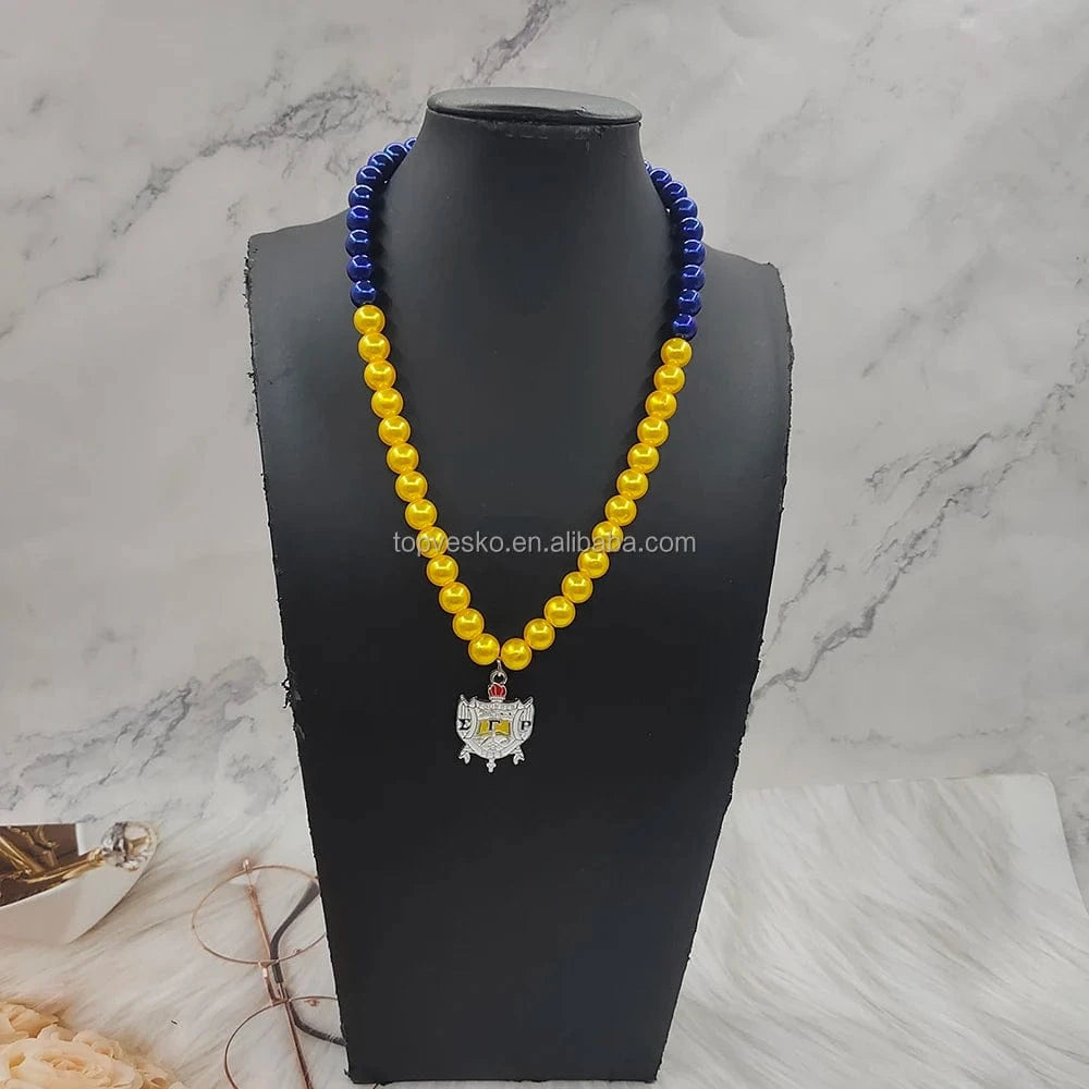 necklace / 02 University Greek Sigma Gamma Rho Sorority Yellow Blue Pearls Enamel Poodle Charms Womens Necklace