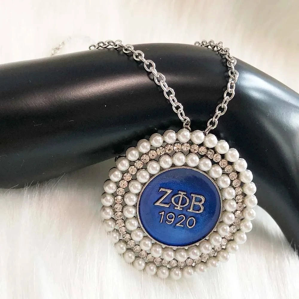 Necklace / #1 Zeta Phi Beta Greek Sorority letter white Pearl rhinestone Circular shape Brooches Jewelry for Women Necklaces
