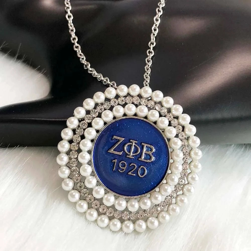 Necklace / #1 Zeta Phi Beta Greek Sorority letter white Pearl rhinestone Circular shape Brooches Jewelry for Women Necklaces