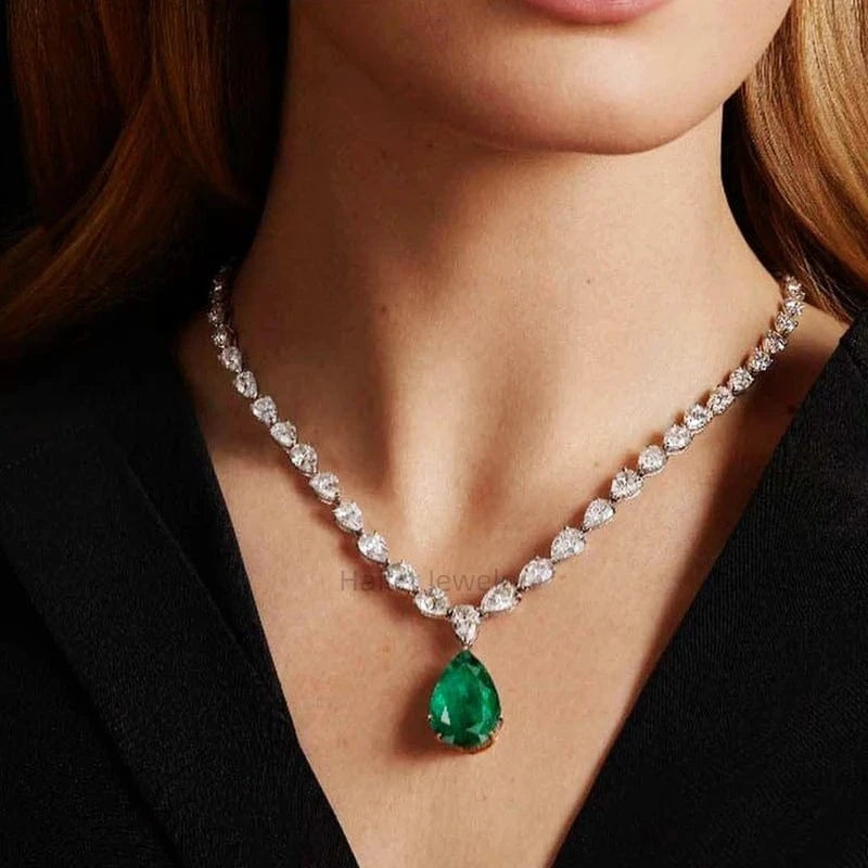 Necklace 10k gold Hailer joyas 10k 14k 18k pear green stone moissanite jewelry emerald pendant gold jewellery sets