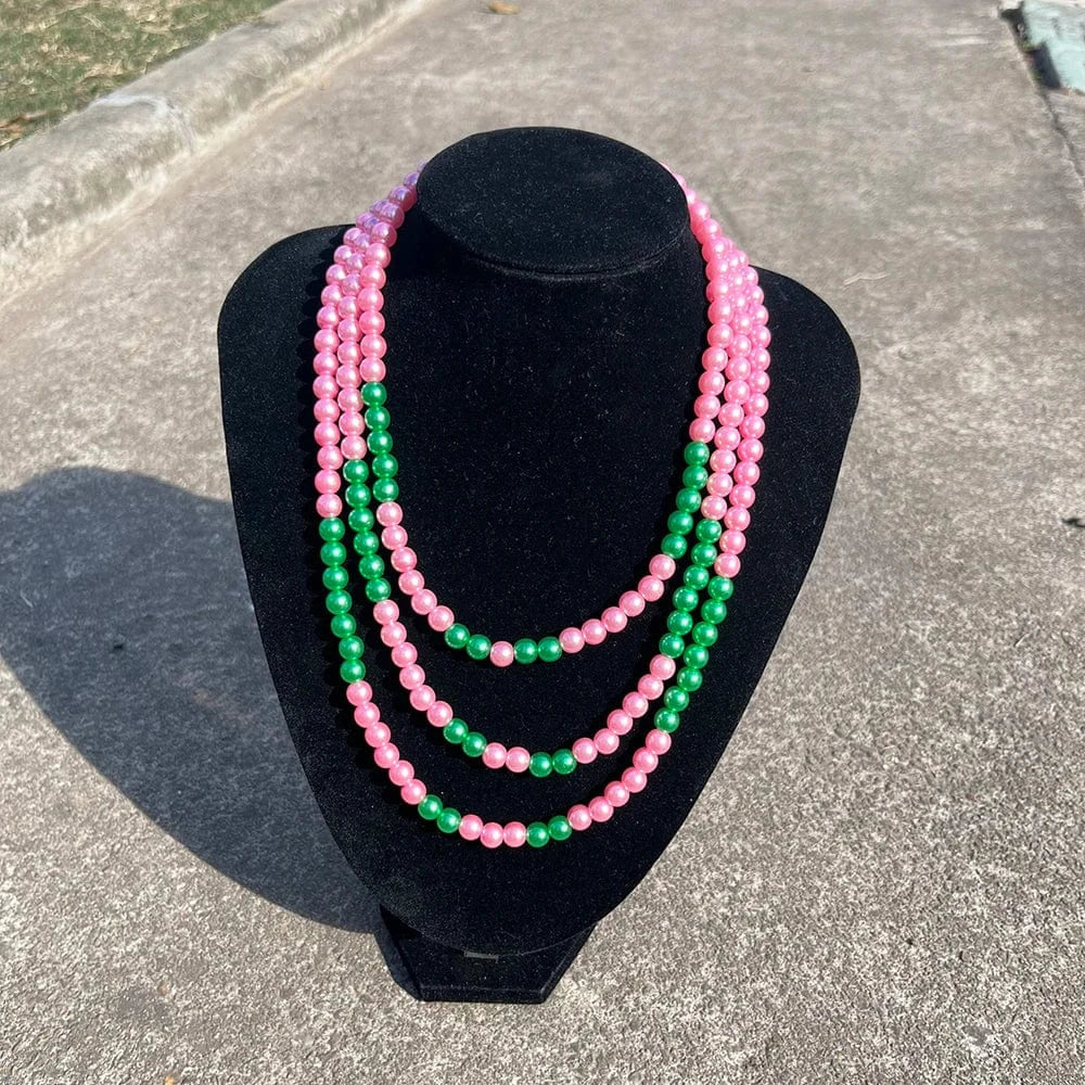 Necklace / A greek sorority Three layer pearl necklace pink green pearl Elegant Women Fashion Jewelry graduation gift