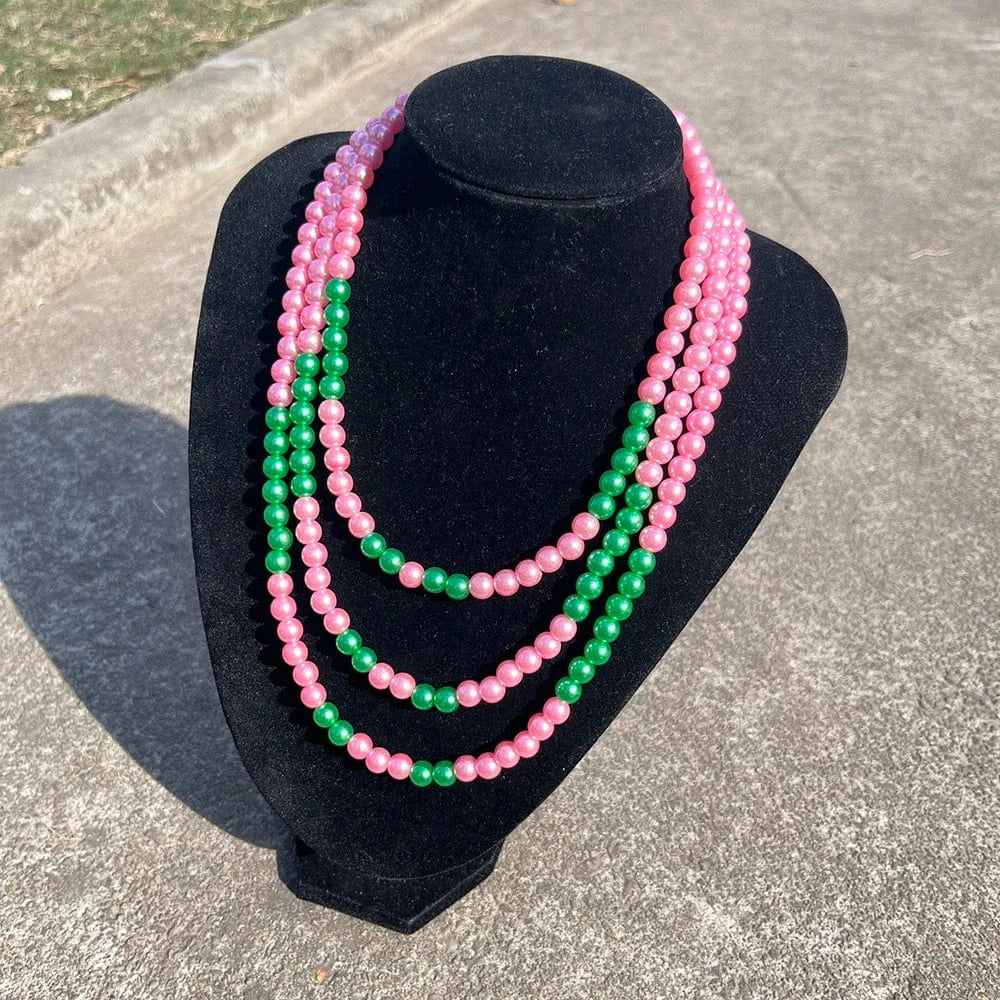 Necklace / A greek sorority Three layer pearl necklace pink green pearl Elegant Women Fashion Jewelry graduation gift
