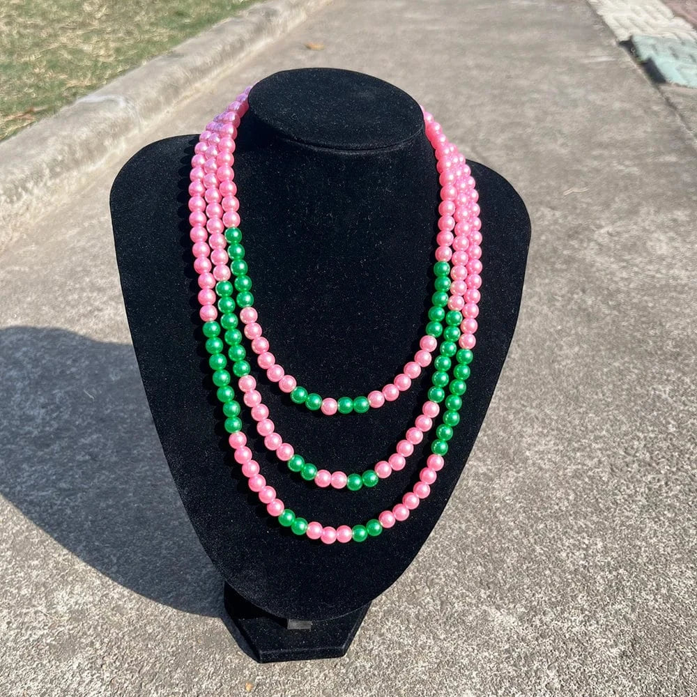 Necklace / A greek sorority Three layer pearl necklace pink green pearl Elegant Women Fashion Jewelry graduation gift
