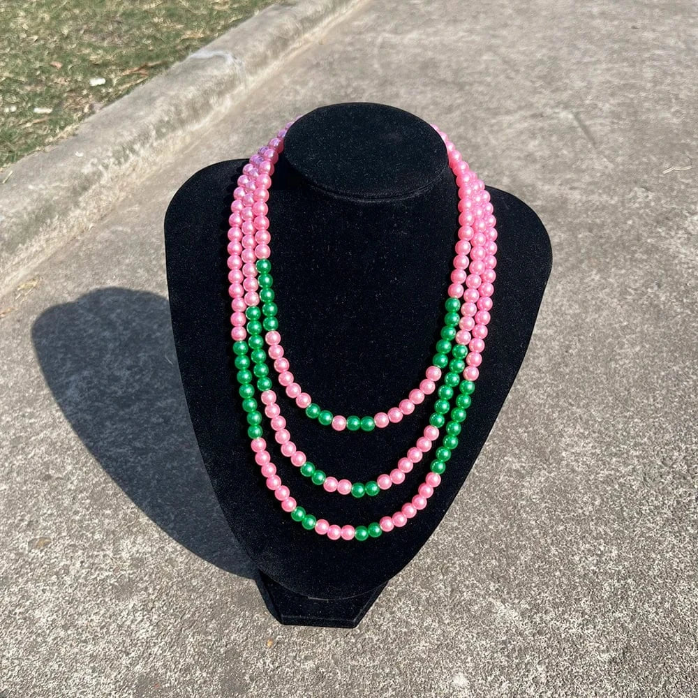 Necklace / A greek sorority Three layer pearl necklace pink green pearl Elegant Women Fashion Jewelry graduation gift