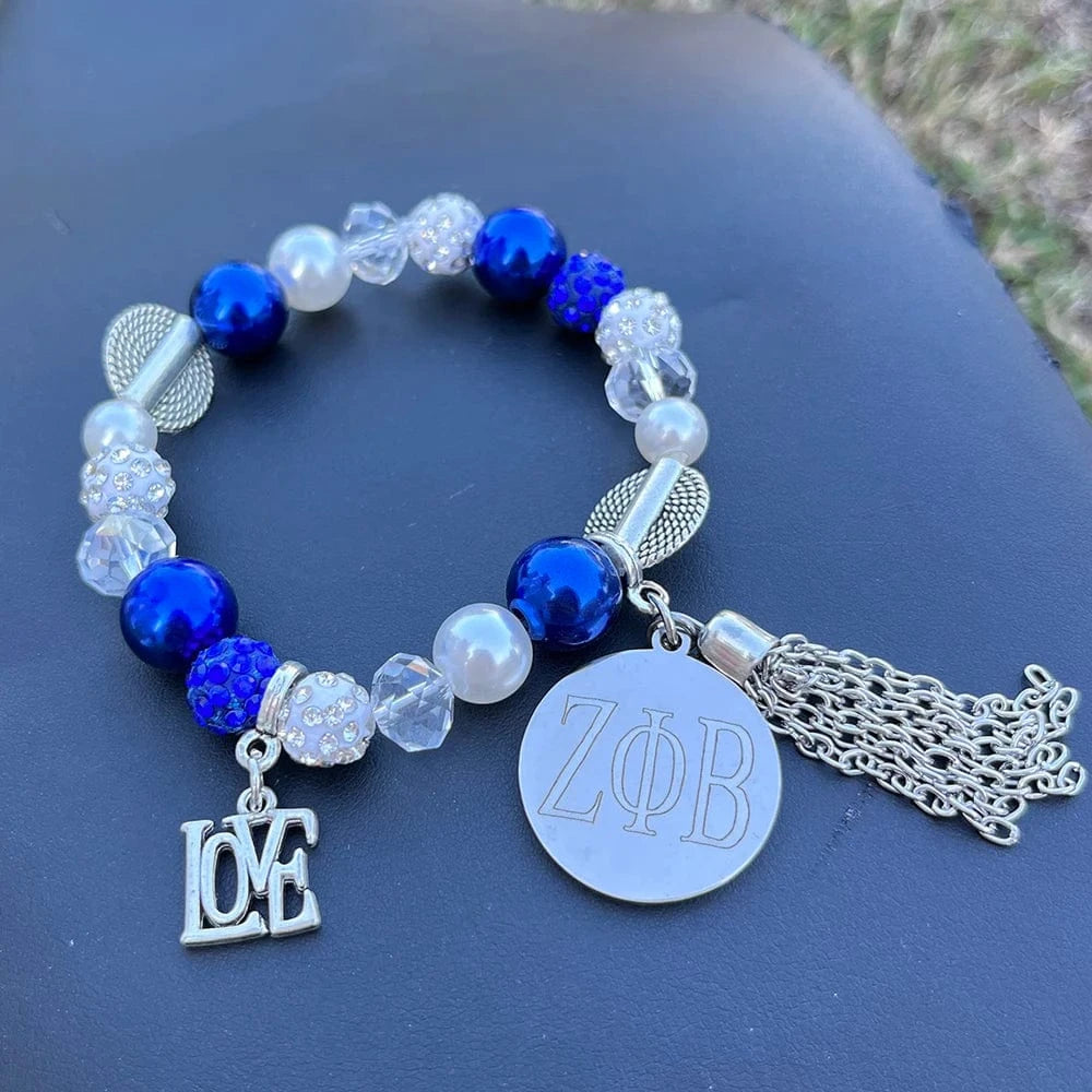 Necklace / Bracelet Greek Logo Sorority Zeta Phi Beta white blue pearl ZOB Stainless Steel Necklace Bracelet Earrings Set