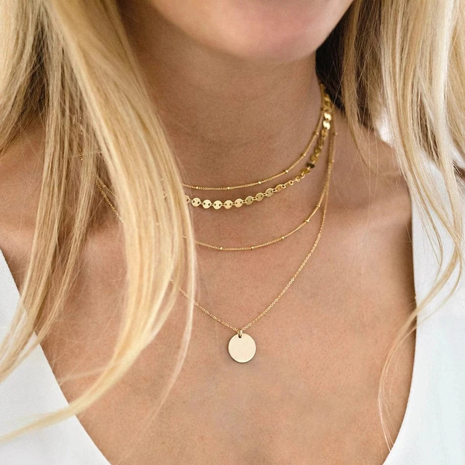 necklace CDNN052 / 14K Gold Layering Necklace Set Round Pendant Choker
