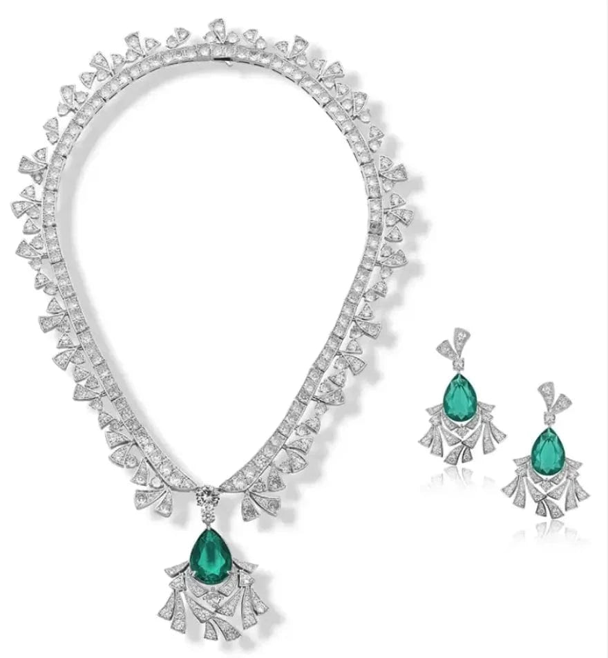 necklace earrings exaggerated fashion set women's pendant choker High quality jewelry plated 18K inlaid Emerald