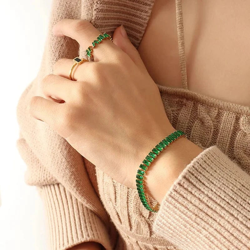 Necklace green IVIAPRO Jewelry New Arrival Luxury Non Tarnish & Waterproof Shiny Baguette Stainless Steel 18K Gold Plated Statement Necklace