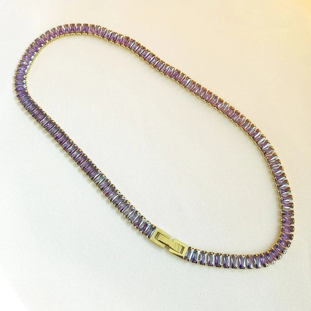 Necklace purple IVIAPRO Jewelry New Arrival Luxury Non Tarnish & Waterproof Shiny Baguette Stainless Steel 18K Gold Plated Statement Necklace