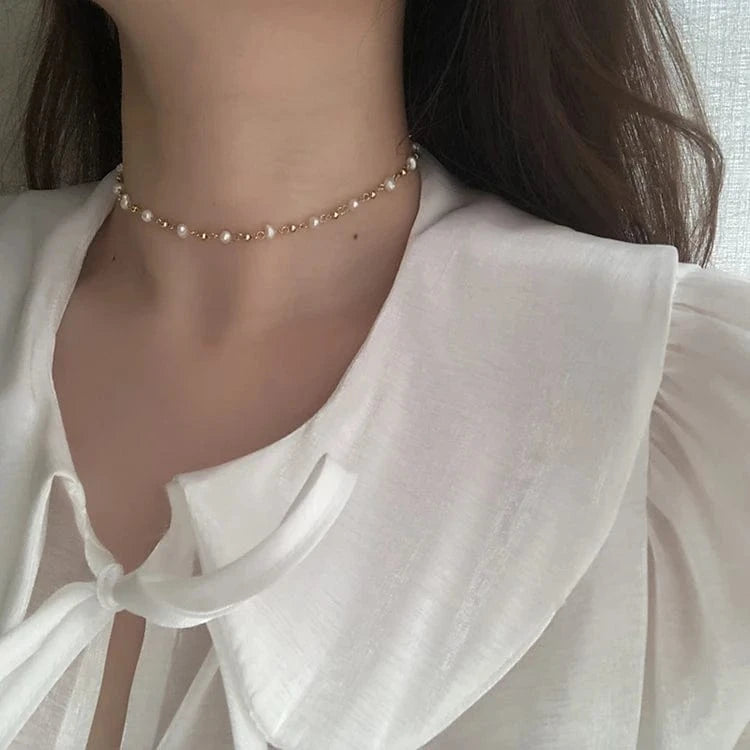 necklace34+11cm,bracelet 14+6cm / 18K Gold(necklace) Gold Paperclip Chain Choker Satellite hawaiian Saltwater Cultured pearl chain necklace stainless steel Dainty Jewelry Women 16''
