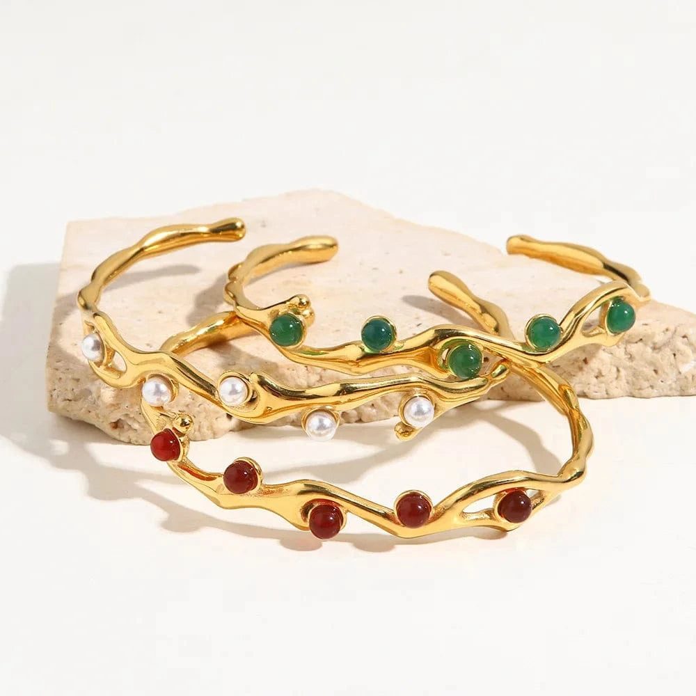 New 18K Gold Plated Stainless Steel Irregular Jewelry Party Gift Nature Stone Pearl Opening Bracelet