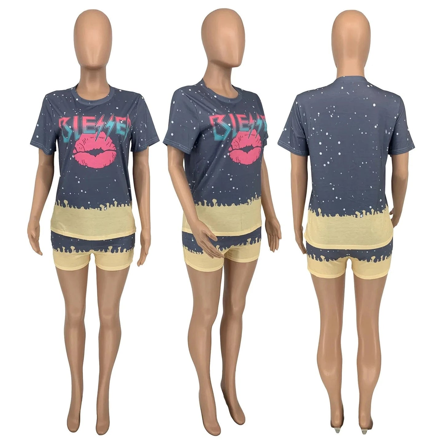 New 2023 Colorful Printing Women Casual Slim T Shirt Boxer Shorts Lounge Wear Fashion Women Two Piece Set