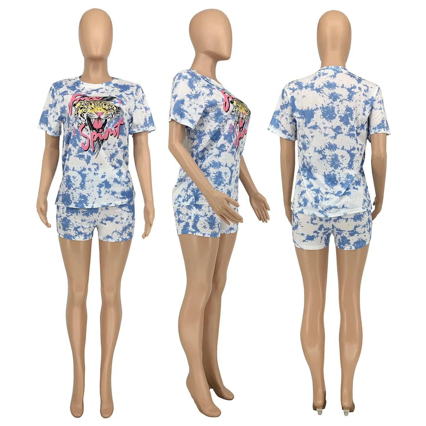 New 2023 Colorful Printing Women Casual Slim T Shirt Boxer Shorts Lounge Wear Fashion Women Two Piece Set