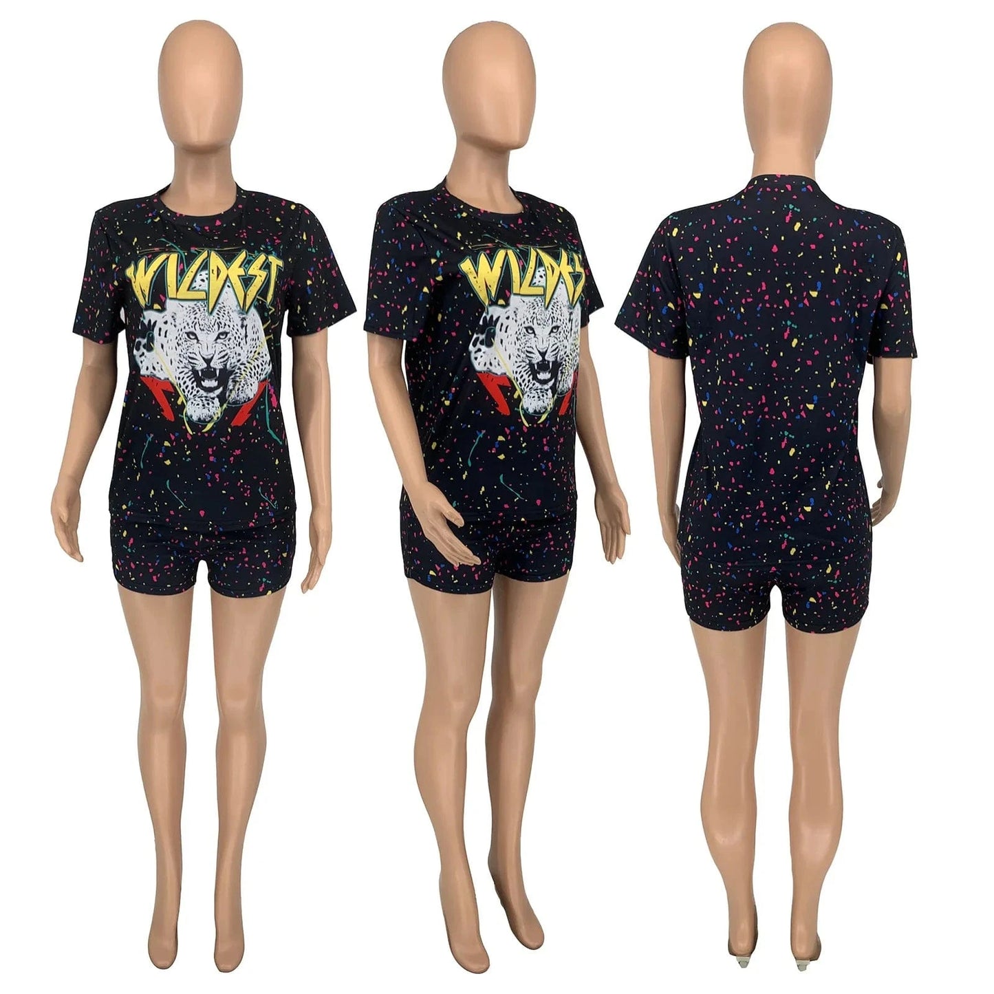 New 2023 Colorful Printing Women Casual Slim T Shirt Boxer Shorts Lounge Wear Fashion Women Two Piece Set