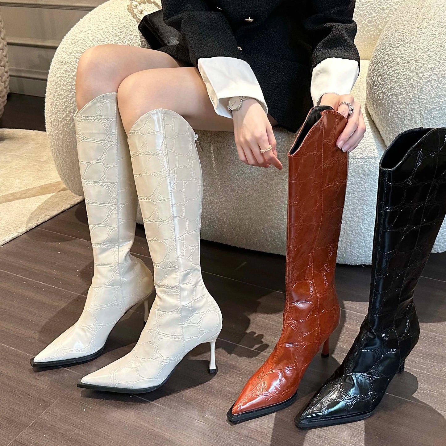 New 2024 autumn and winter pointed stiletto heel European and American fashion high heel boots