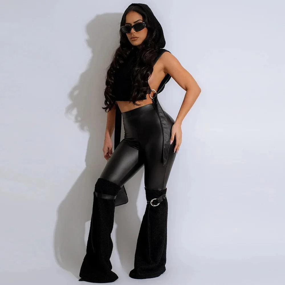 New 2024 Fall Winter 2 Piece Outfits Pu Leather Loungewear Women Sets Plus Size Two Piece Pants Set Clothing Women