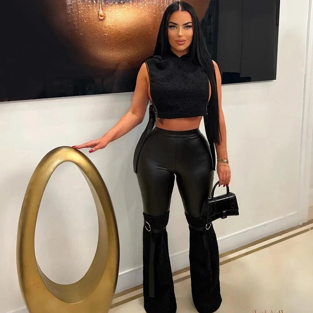 New 2024 Fall Winter 2 Piece Outfits Pu Leather Loungewear Women Sets Plus Size Two Piece Pants Set Clothing Women