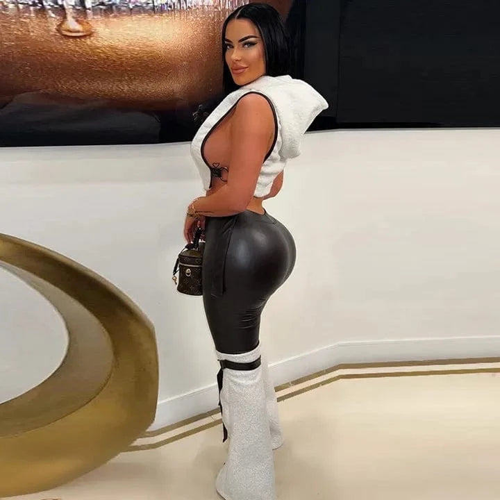 New 2024 Fall Winter 2 Piece Outfits Pu Leather Loungewear Women Sets Plus Size Two Piece Pants Set Clothing Women