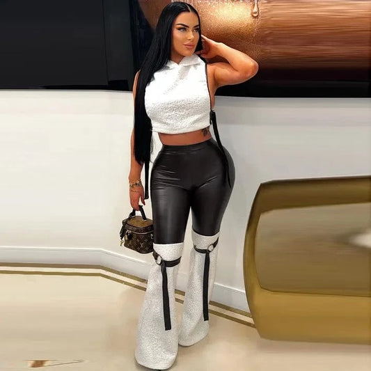 New 2024 Fall Winter 2 Piece Outfits Pu Leather Loungewear Women Sets Plus Size Two Piece Pants Set Clothing Women