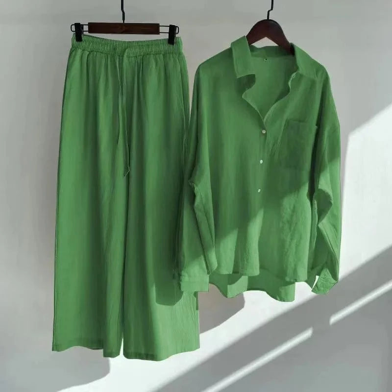 New 2024 Hot Sale Chic Design Solid Color Long Sleeve Linen Blouse Pants Set Women Plus Size Two Pieces Sets