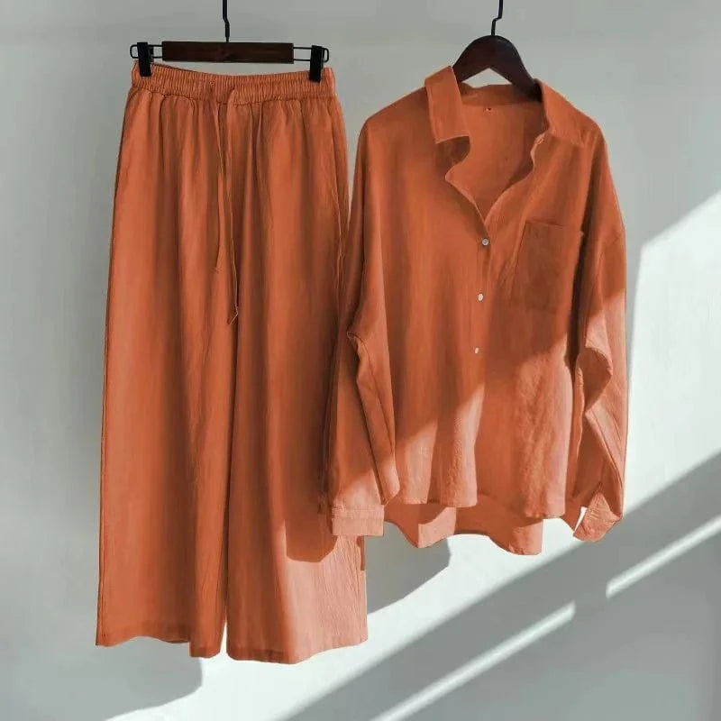 New 2024 Hot Sale Chic Design Solid Color Long Sleeve Linen Blouse Pants Set Women Plus Size Two Pieces Sets