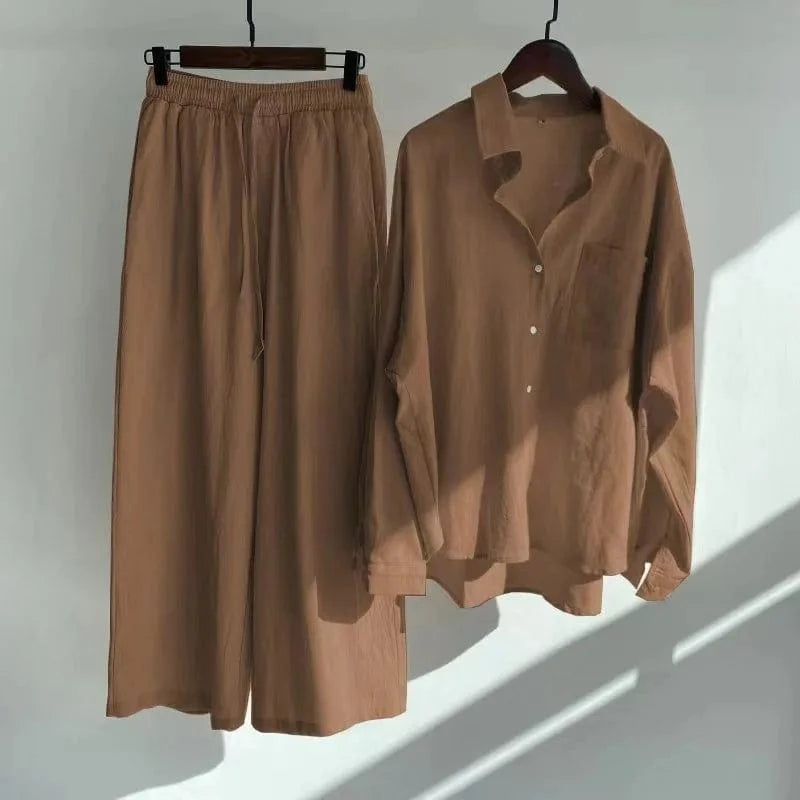 New 2024 Hot Sale Chic Design Solid Color Long Sleeve Linen Blouse Pants Set Women Plus Size Two Pieces Sets