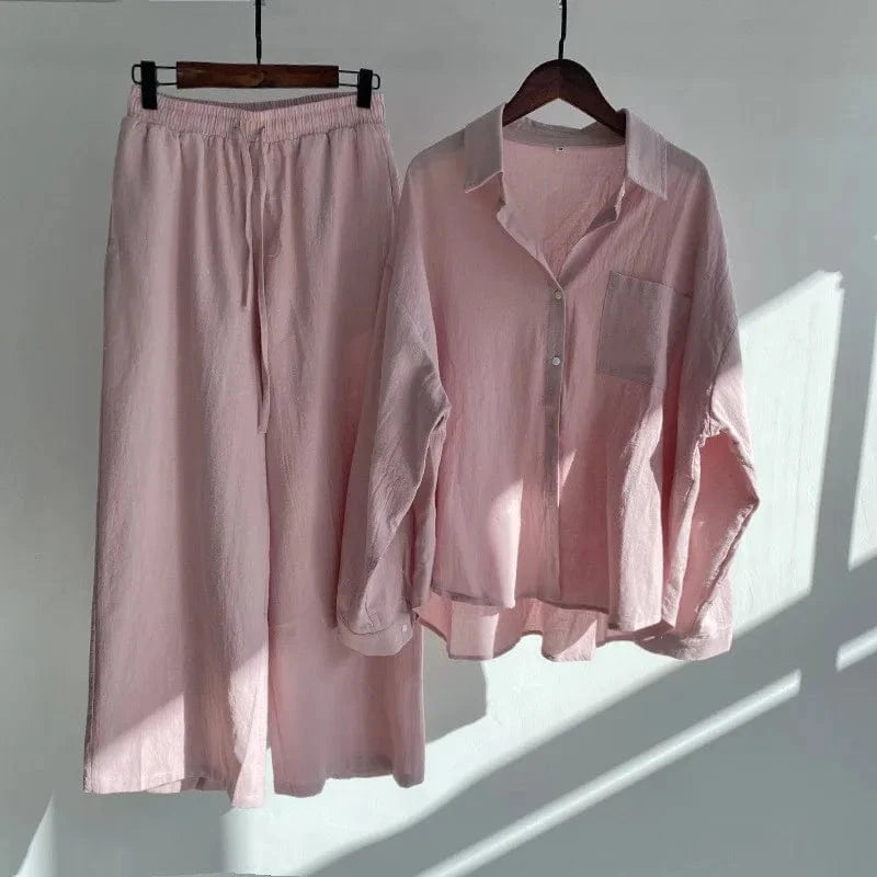 New 2024 Hot Sale Chic Design Solid Color Long Sleeve Linen Blouse Pants Set Women Plus Size Two Pieces Sets