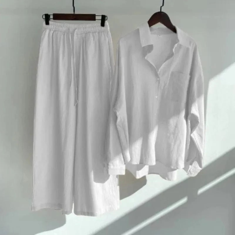 New 2024 Hot Sale Chic Design Solid Color Long Sleeve Linen Blouse Pants Set Women Plus Size Two Pieces Sets