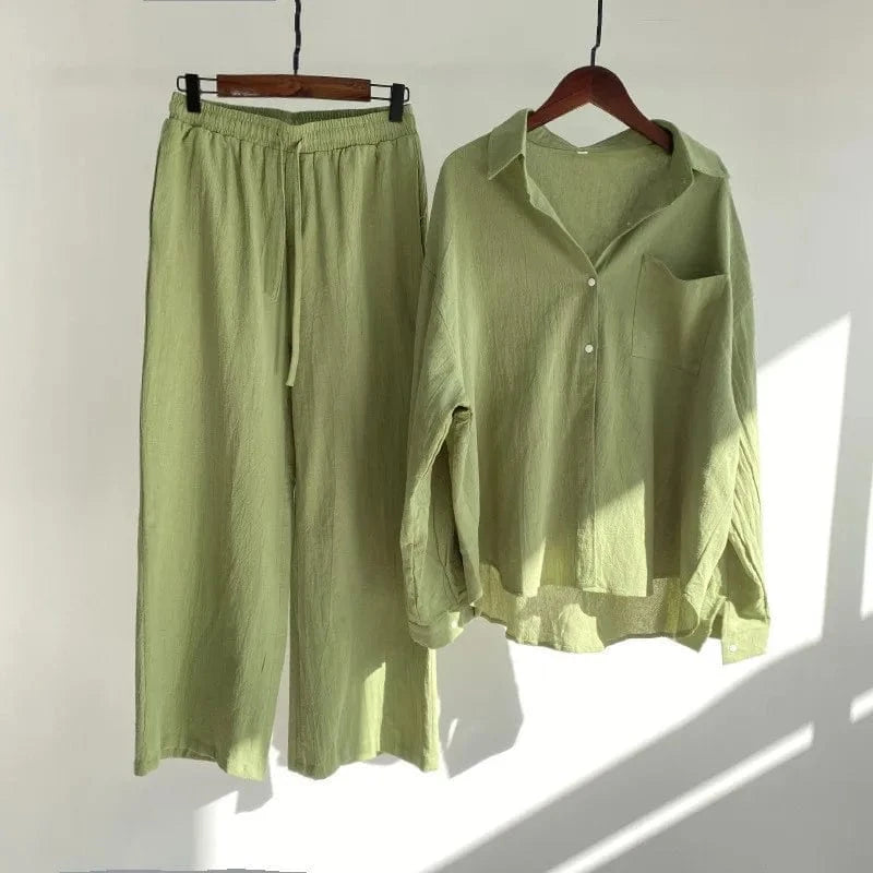 New 2024 Hot Sale Chic Design Solid Color Long Sleeve Linen Blouse Pants Set Women Plus Size Two Pieces Sets