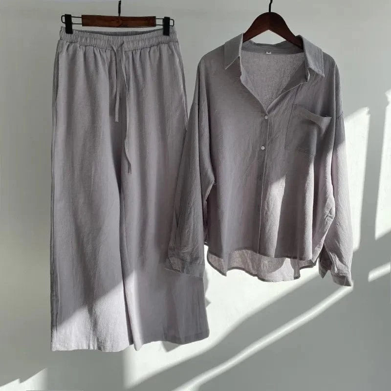 New 2024 Hot Sale Chic Design Solid Color Long Sleeve Linen Blouse Pants Set Women Plus Size Two Pieces Sets