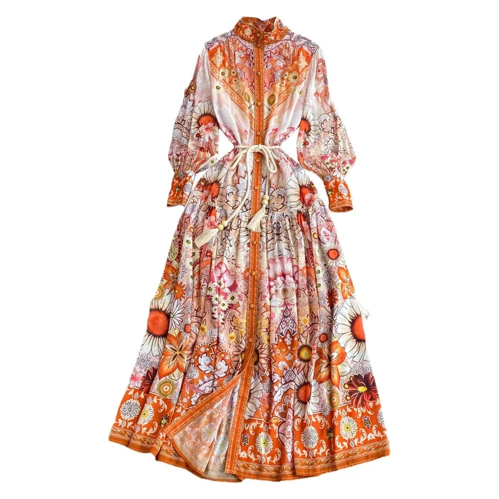New 2024 Korean Chic Floral Print Slim Waist Midi Dress Women Long Sleeve Dresses Clothing 12