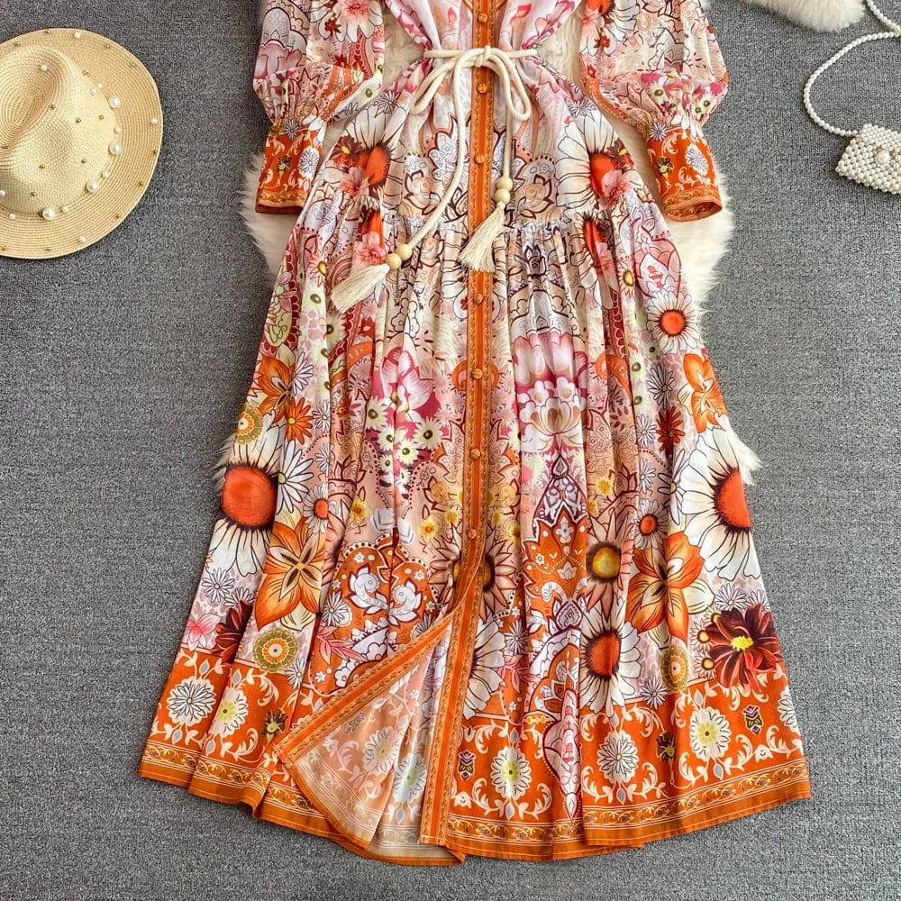New 2024 Korean Chic Floral Print Slim Waist Midi Dress Women Long Sleeve Dresses Clothing 12